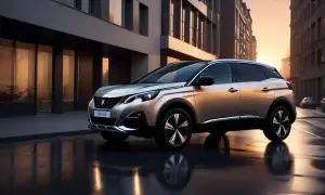 En gyllene Peugeot 3008 SUV står på en våt stadsgata i solnedgången. Denna peugeot 3008 test visar bilens eleganta design.