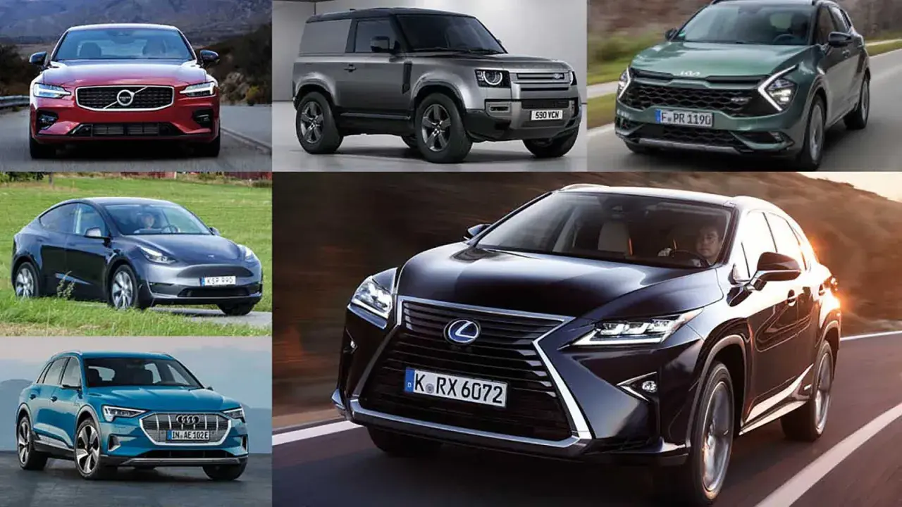 En samling bilar, inklusive Volvo, Land Rover, Kia, Tesla, Audi och Lexus, som representerar bilar med minst fel på bilprovningen.