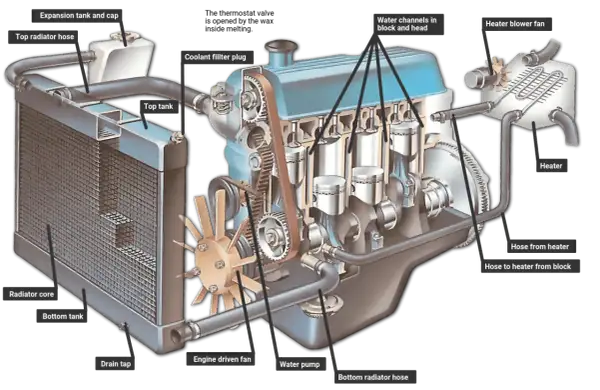 Detaljerad illustration av hur en dieselmotor fungerar, med fokus på kylsystemet: radiator, vattenpumpar och kanaler.